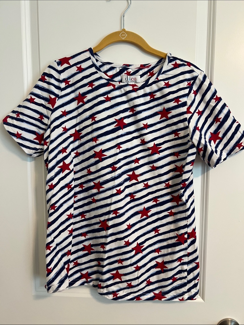 Denim & Co Women’s Small Patriotic Star Stripe Short Sleeve Top Red White Blue